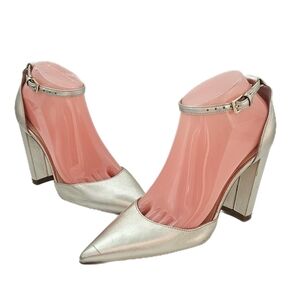 Marc Fisher Arnette Pointy Toe Ankle Strap Block Heel Pumps Gold Leather Sz 6.5